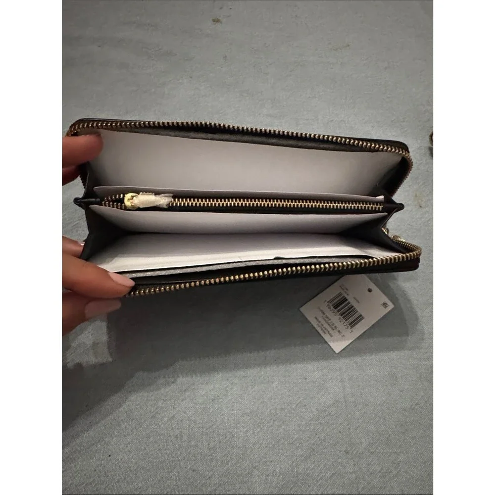 Coach Black Slim Accordion Patent Zip Wallet with Gold Brass Charms